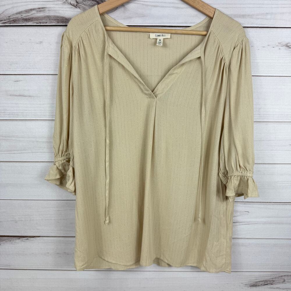 Como Blu Womens Tan Metallic Striped V Neck‎ Blouse Quarter Sleeve Size M